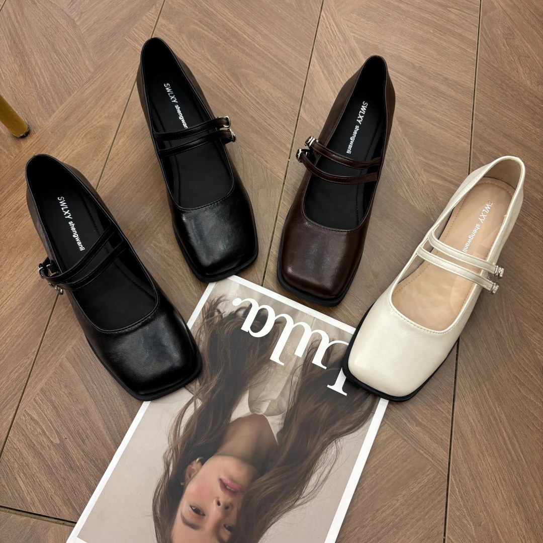 法式玛丽珍女鞋2025年春季新款一字扣配裙子单鞋方头粗跟高跟鞋