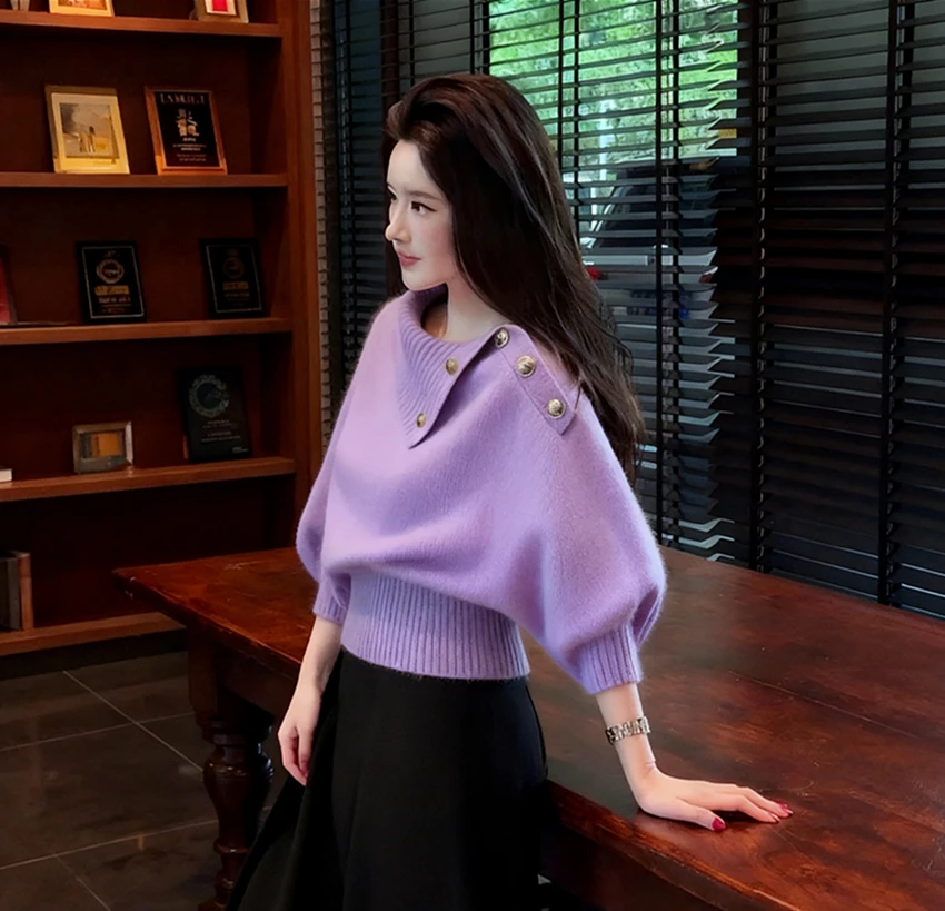 美拉德淡紫色设计感翻领毛衣女秋冬高级感慵懒老钱风针织衫上衣