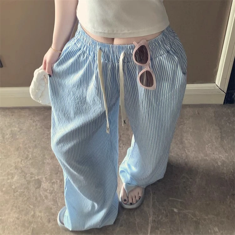 新款格子复古条纹睡裤女夏季薄款宽松休闲可外穿遛弯口袋山本长裤