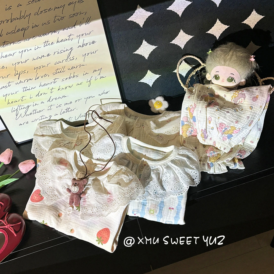 【春日穿搭】儿童纯棉纱布家居服女童蕾丝花边两件套宝宝空调服