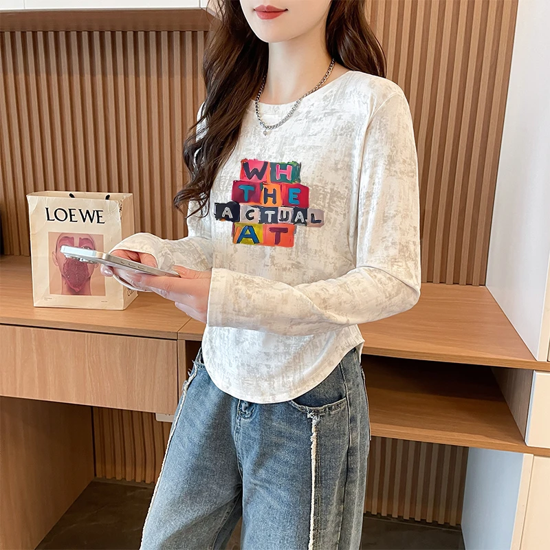 早秋季大码扎染字母印花长袖T恤女胖mm褶皱收腰弧形显瘦遮肉上衣