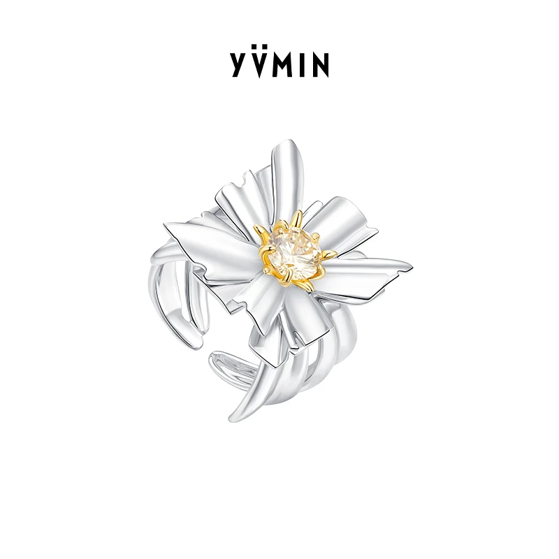 YVMIN/尤目 925银合成锆石戒指 方花黄铜镀18k金镶嵌开口戒