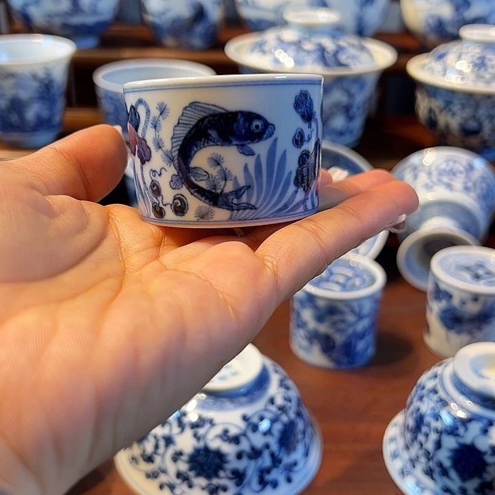 陶凭阑亭鱼藻直口杯