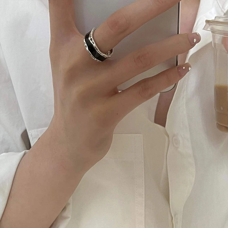 925银戒指 不规则宽面戒指女简约滴油设计复古时髦个性开口指环