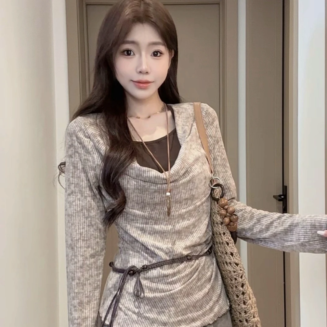 辣妹风挂脖假两件扎染针织衫女秋季套头长袖T恤衫纯欲荡领小上衣