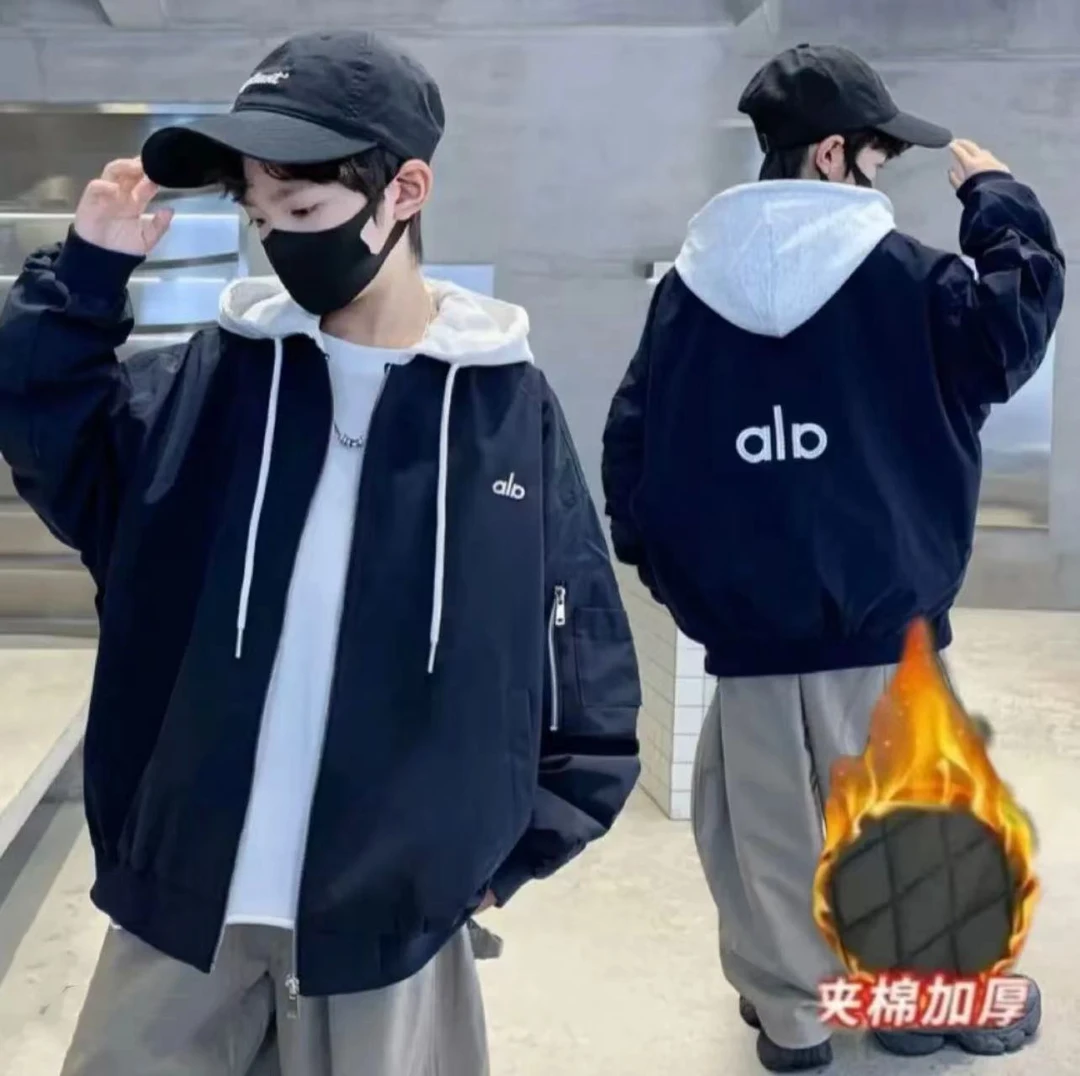 【潮流夹棉加厚】~男童秋冬韩版加厚连帽假两件字母外套