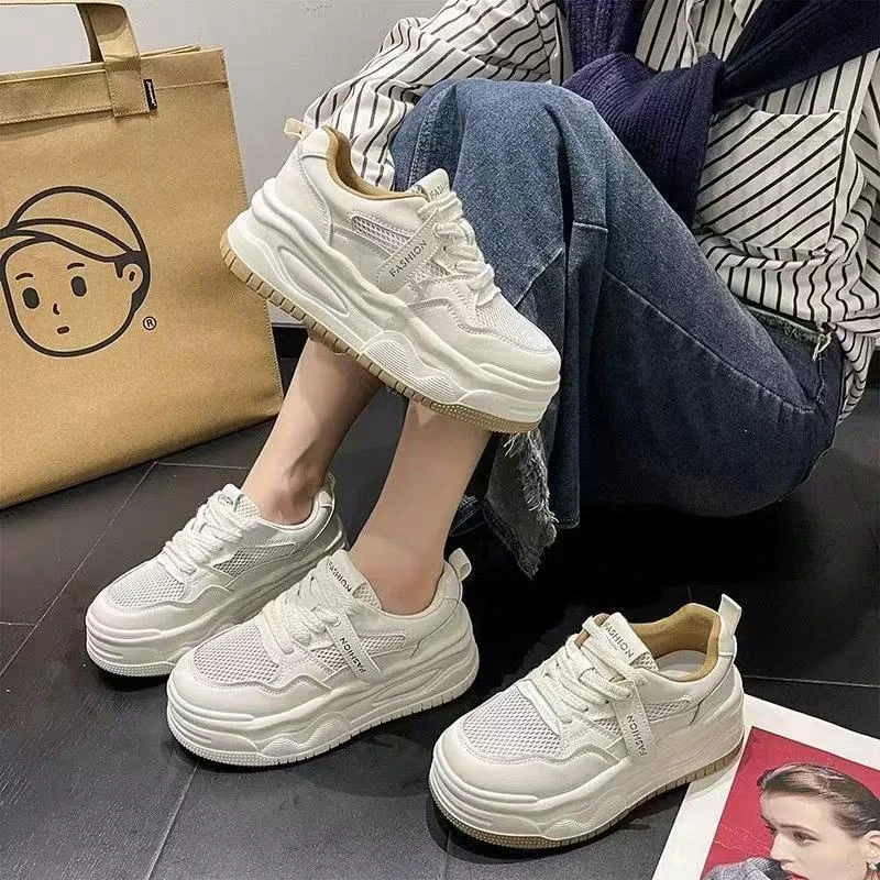 A05-1潮鞋网面百搭厚底板鞋女2025夏季新款透气百搭踩屎感小白鞋