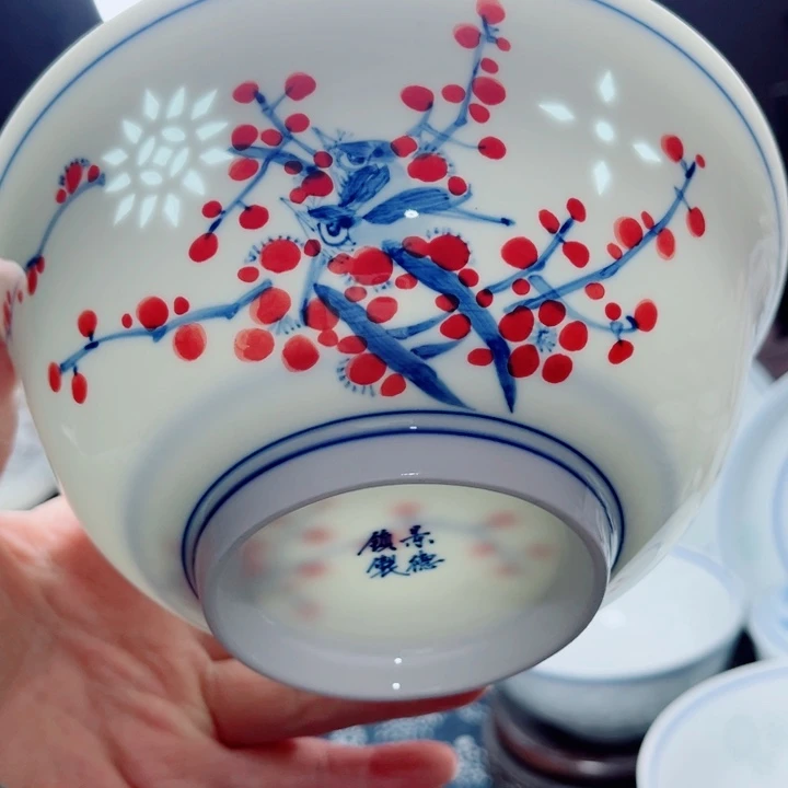 青花玲珑6寸面碗手绘喜上眉梢