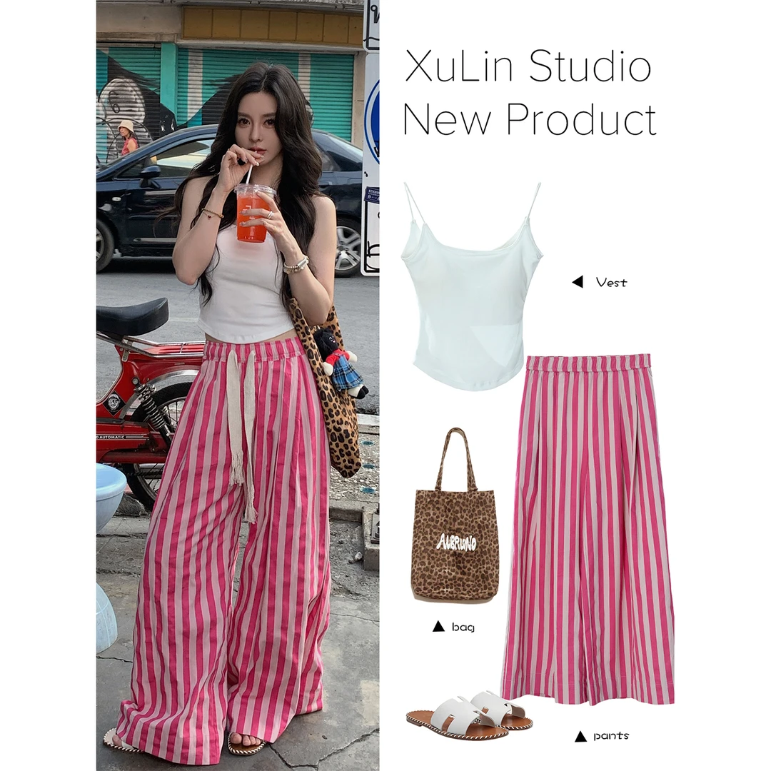 MINI STUDIO徐琳「条纹line」松弛松紧中腰大阔腿全棉条纹裤x250082