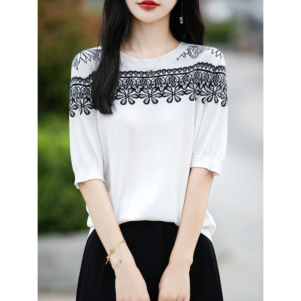 宽松打底针织衫感圆领提花减龄2024年夏季显瘦短袖冰丝T恤