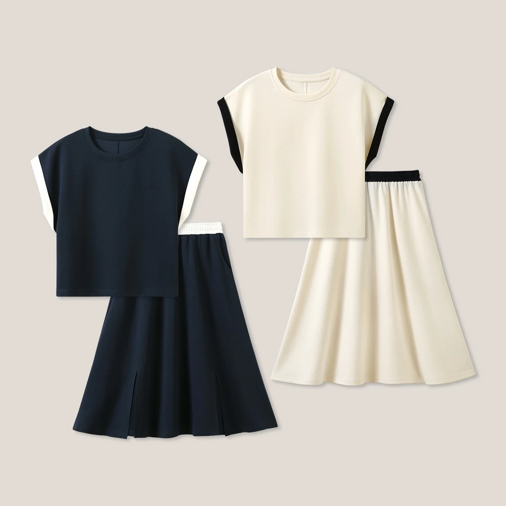 气质百搭撞色圆领短袖上衣+半裙套装SS26149