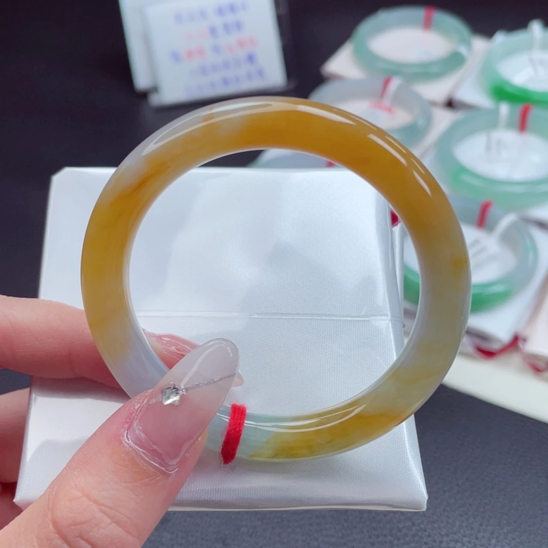 翡翠手镯未镶嵌51.0冰润鸡油黄 《向日葵》柿柿如意 22