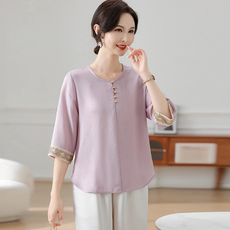 时尚妈妈夏装套装新款中老年女透气上衣宽松中年人休闲两件套