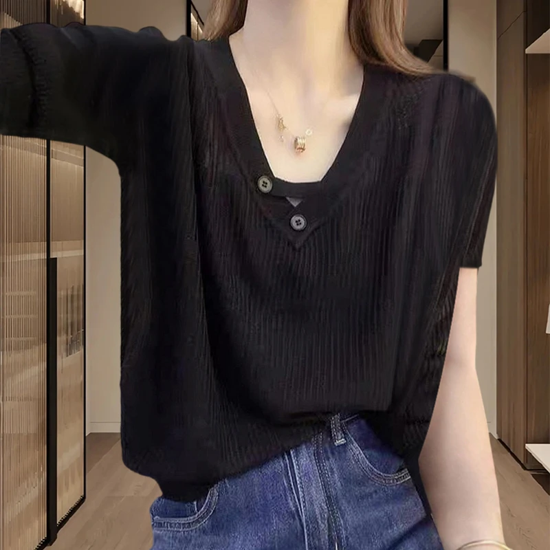 洋气设计感V领针织衫女2025夏季新款时尚百搭小衫气质短袖女上衣