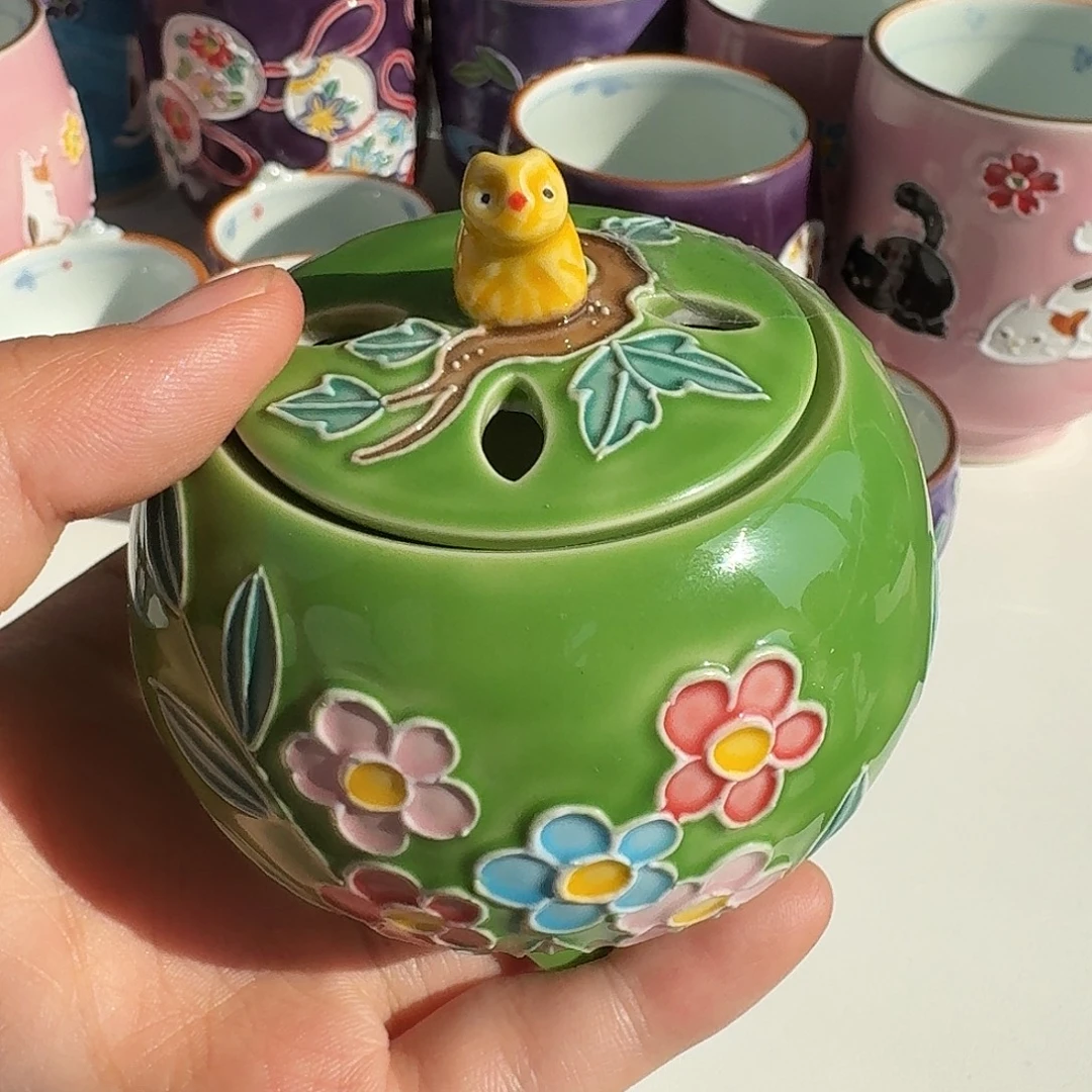 瓷清水烧交趾釉绿色猫头鹰香炉