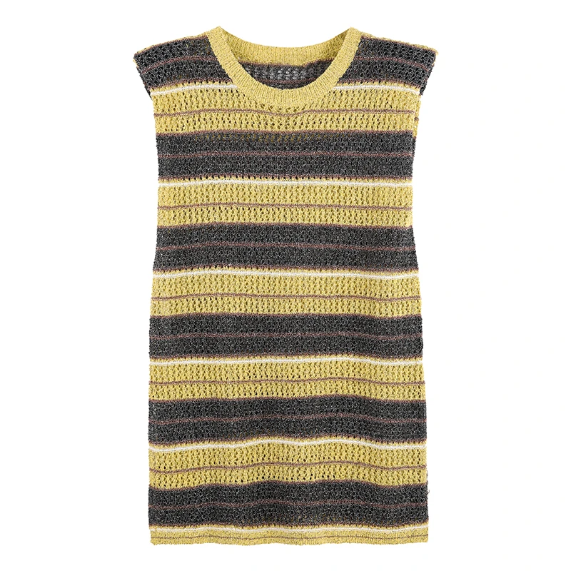 2025新款夏季宽松无袖针织衫薄款女休闲条纹镂空上衣SHBZX917918