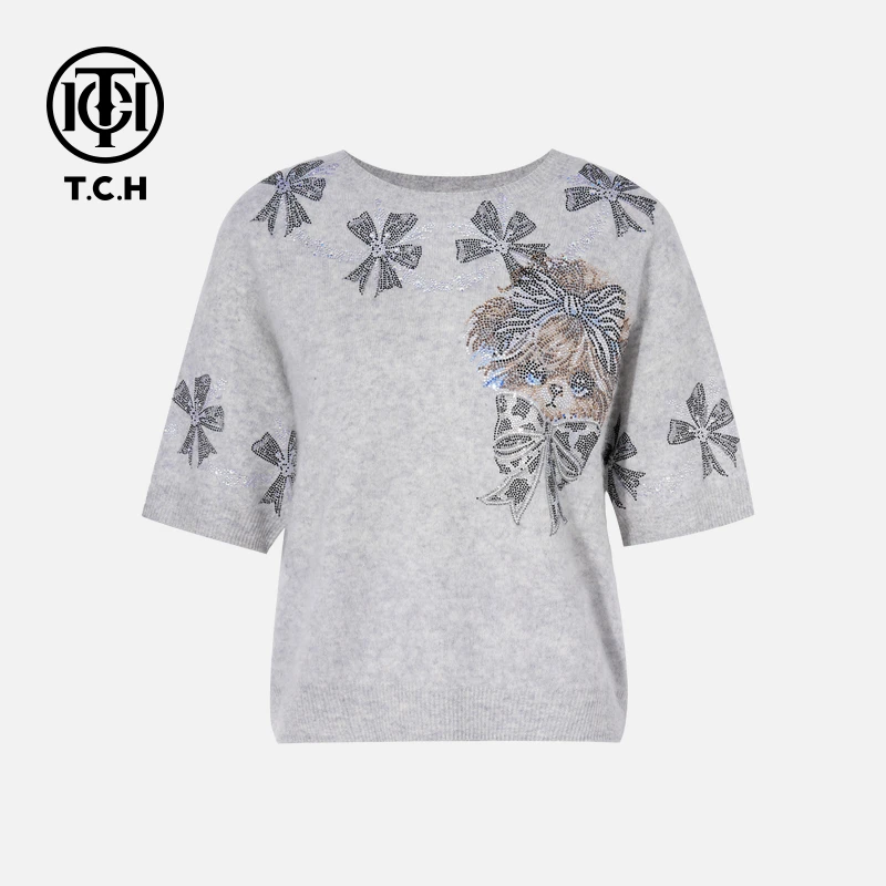 TCH私服烫钻工艺时尚休闲萌熊蝴蝶结针织T恤女T75C09E5060轻奢tch