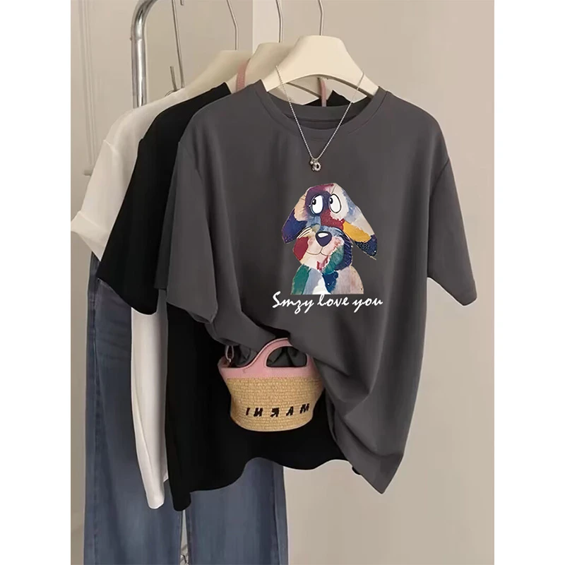 2025新款正肩短袖t恤女小众设计感时尚百搭宽松炭灰色上衣春夏季