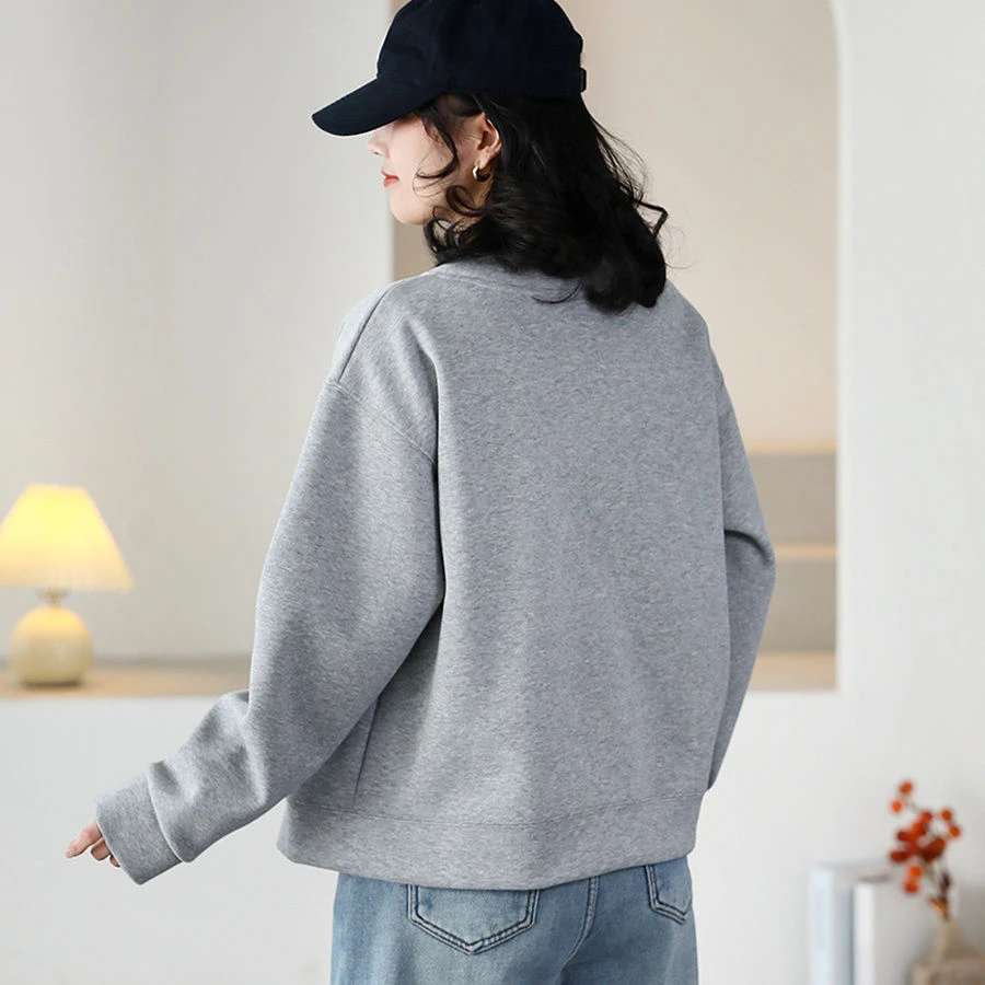 灰色卫衣外套女开衫棒球服圆领百搭新款韩版长袖休闲宽松oversize