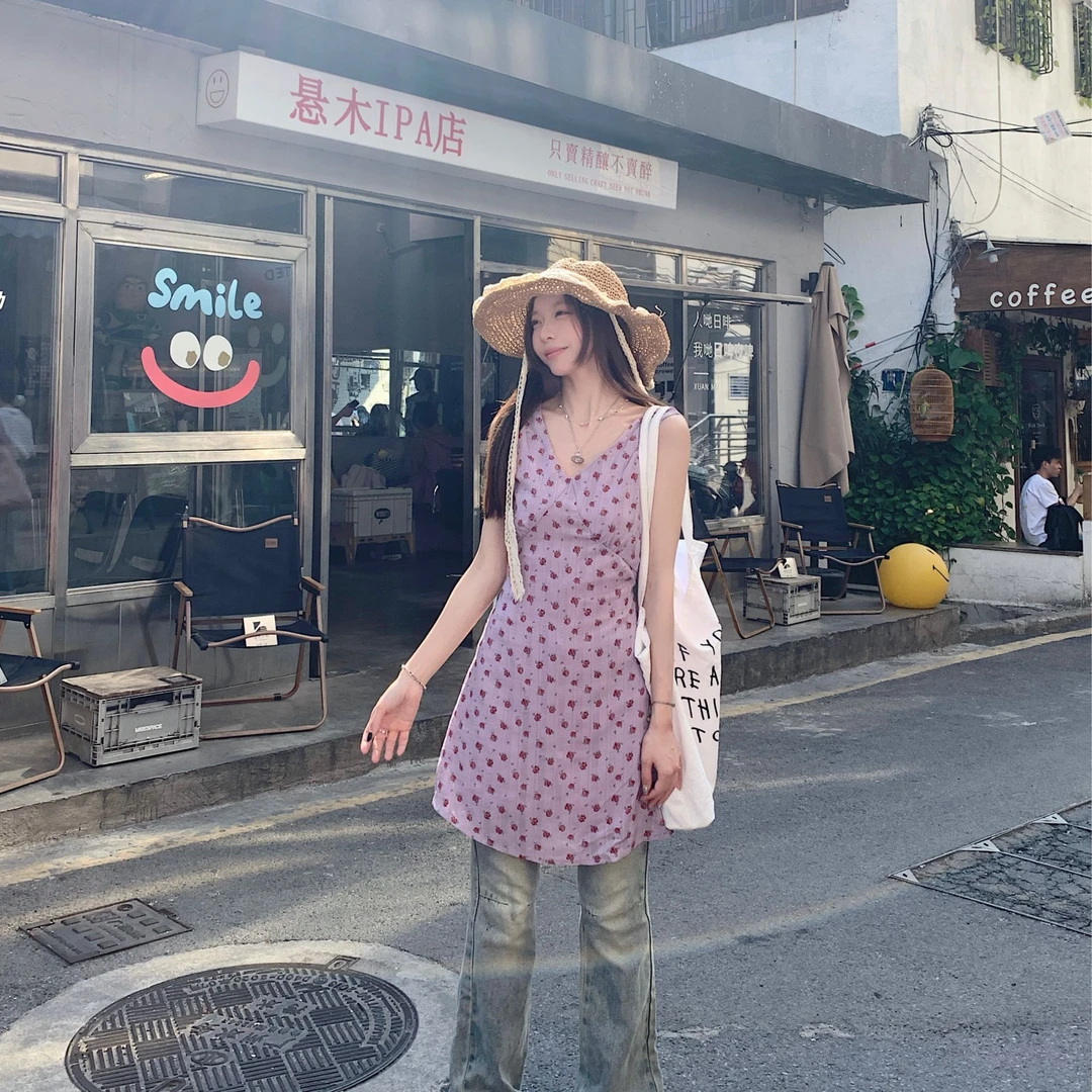 春季新款韩系甜美气质碎花V领连衣裙百搭针织开衫3433