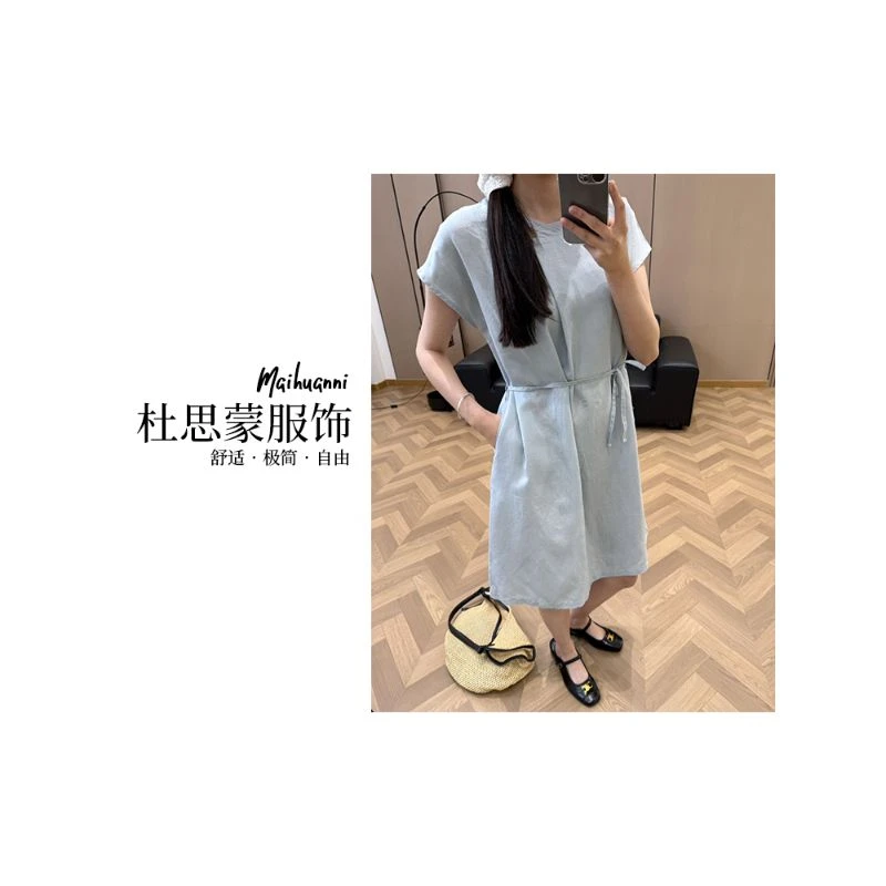 （杜思蒙服饰）25385-“木质扣”韩版简约度假风拼接系腰连衣裙