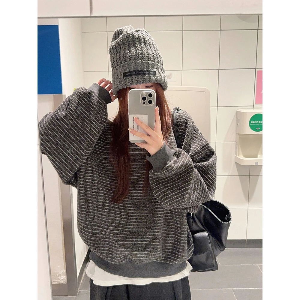 早秋新款【Ins条纹卫衣】仿兔绒条纹圆领套头卫衣加厚长袖上衣女冬