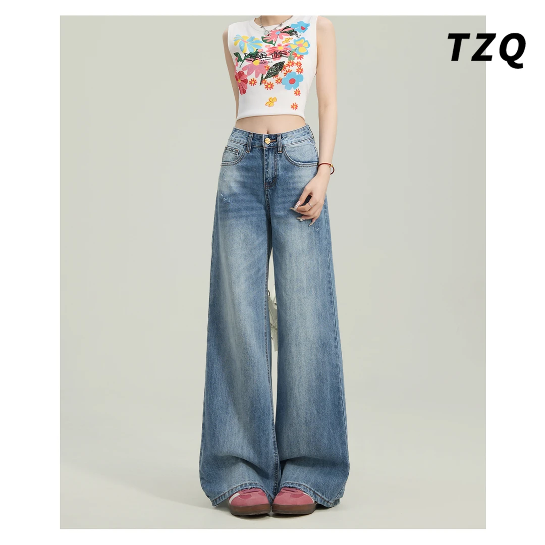高街复古阔腿牛仔裤女2025新款高腰宽松显瘦直筒拖地裤TZQ2530113