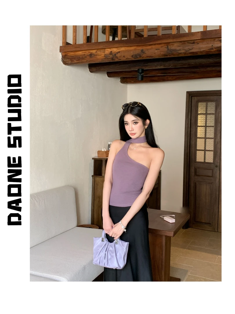 DAONE 夏季小众通勤气质显瘦挂脖修身无袖露肩飘带背心上衣