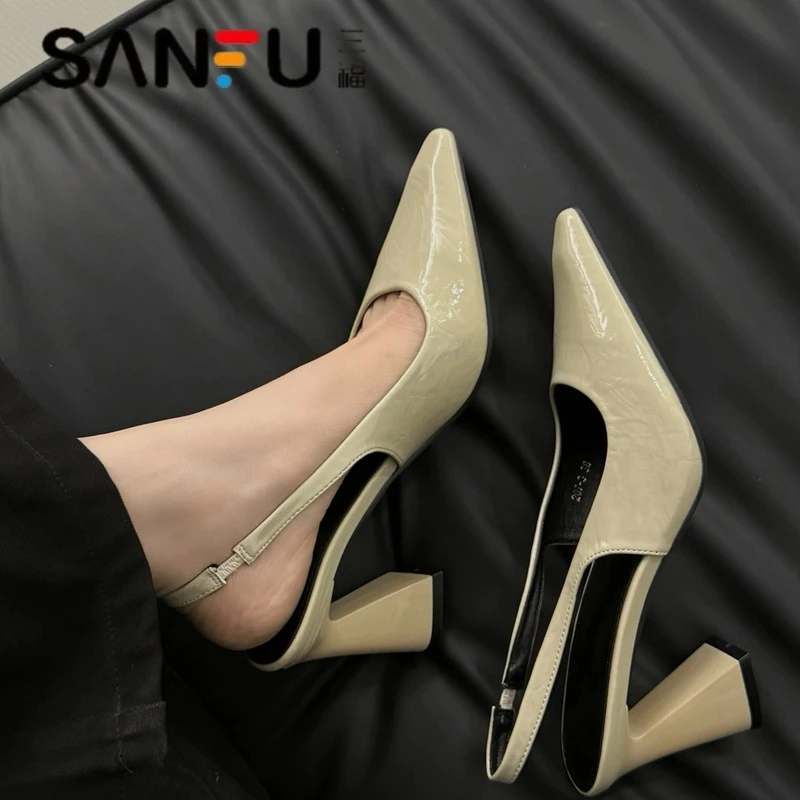 三福2025新品春夏款法式绿色配裙子尖头高跟鞋女粗跟单鞋包头凉鞋