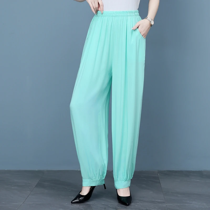 薄荷绿休闲裤女士灯笼裤高腰大码防蚊裤夏季薄款棉绸裤宽松阔腿裤