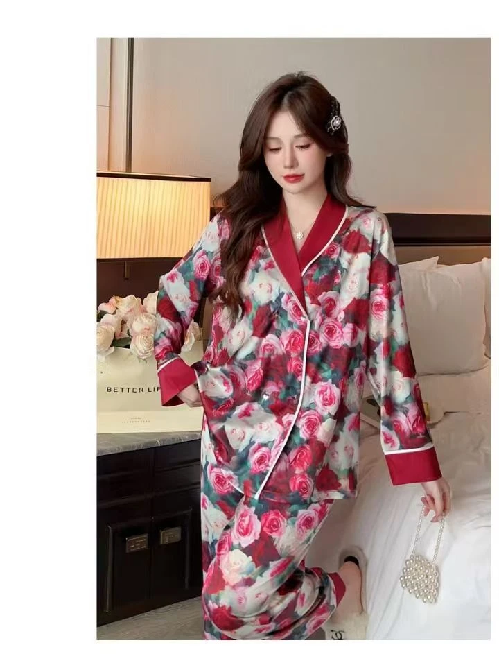 2025春秋睡衣女新款长袖冰雪丝复古双排扣高级感大码宽松家居服