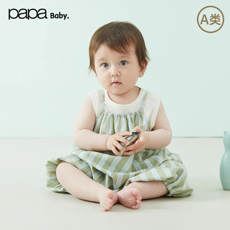 papa爬爬夏季婴儿连体衣条纹吊带爬服无袖休闲