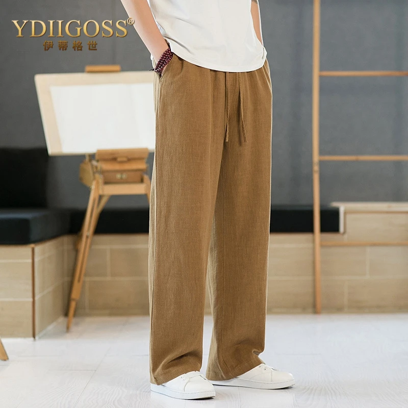 YDIIGOSS中国风亚麻休闲裤男夏季薄款宽松直筒裤垂感男士休闲长裤