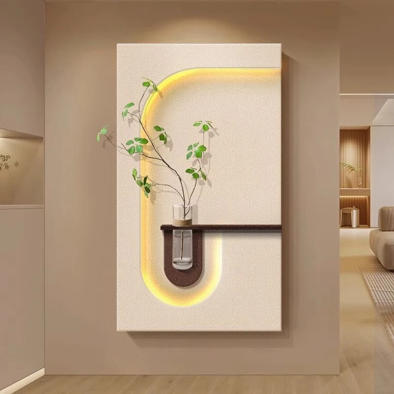 入户正对门玄关装饰画水培绿植砂岩立体客厅壁画奶油风氛围灯挂画