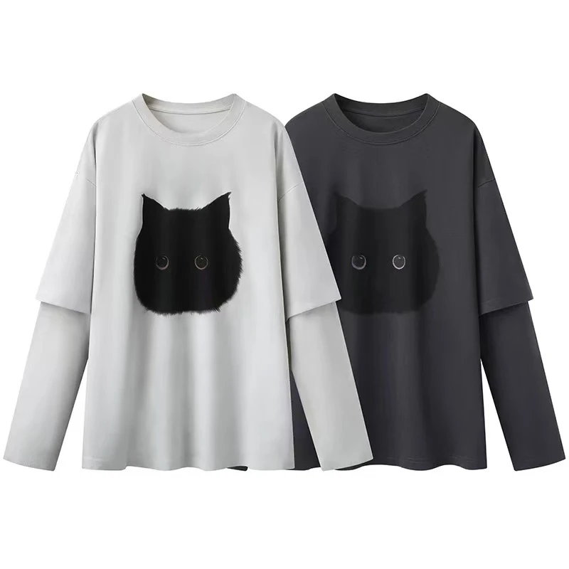 KS 4296-2025春季新款时尚宽松百搭猫咪印花假两件T恤女