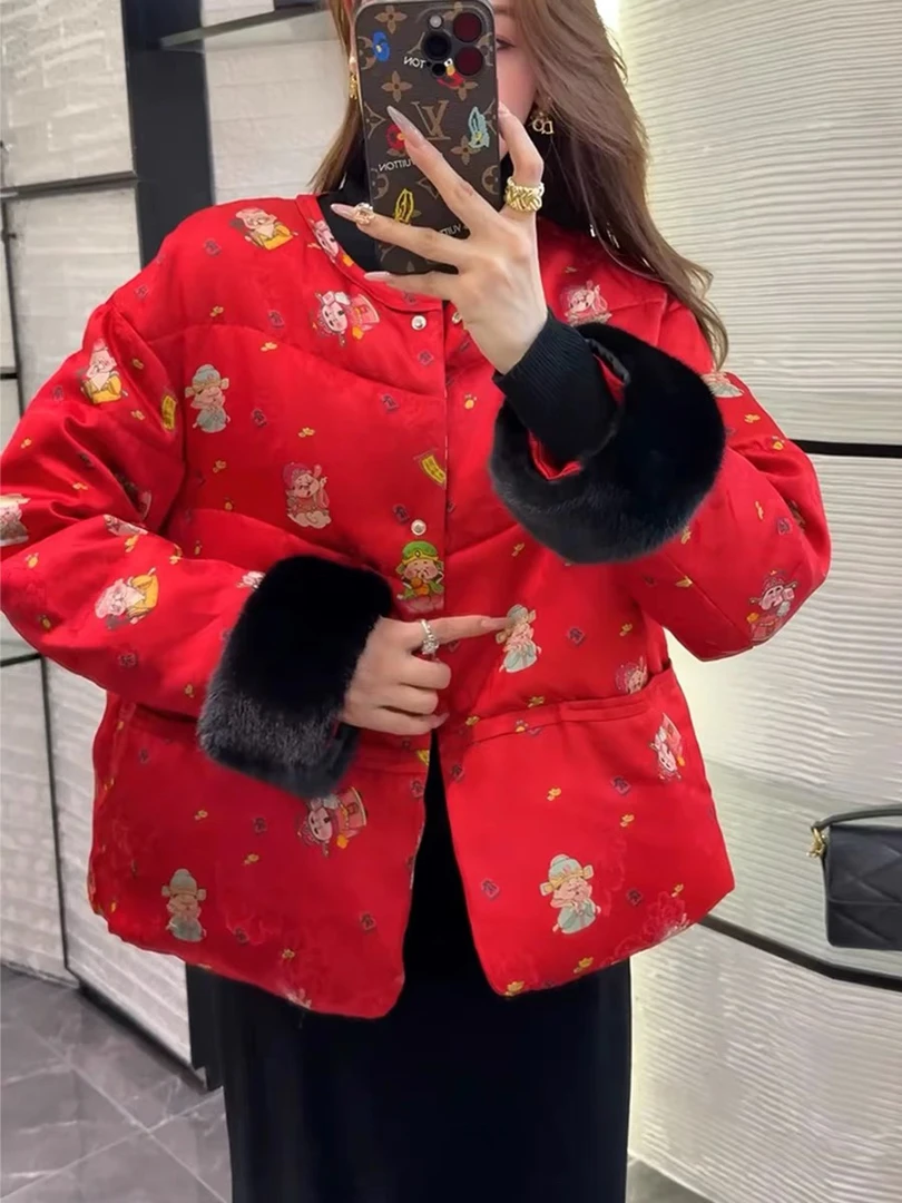 短外套短款圆领女保暖外套红色国潮百搭网红女装中国风民族风