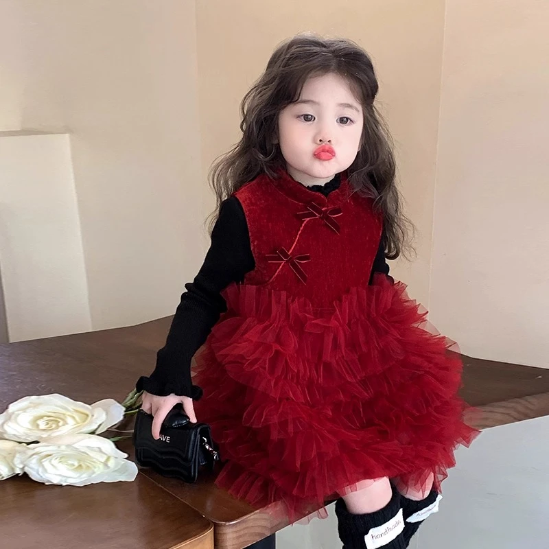 拜年服女童加绒连衣裙秋冬款儿童汉服国风礼服裙宝宝喜庆过年衣服