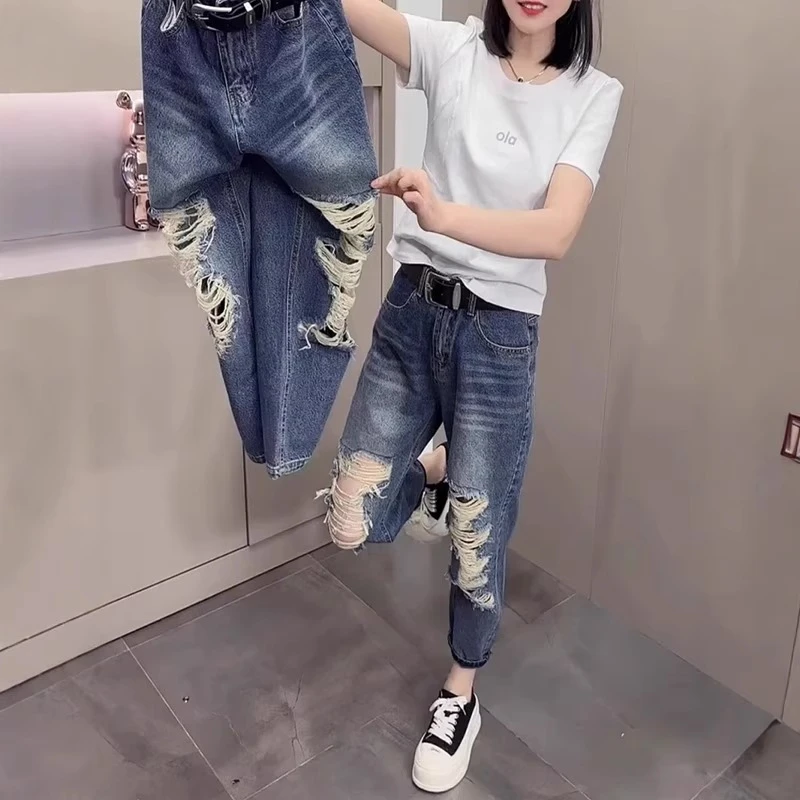 大码女装复古百搭直筒牛仔裤女2025夏季新款破洞无弹九分哈伦裤子