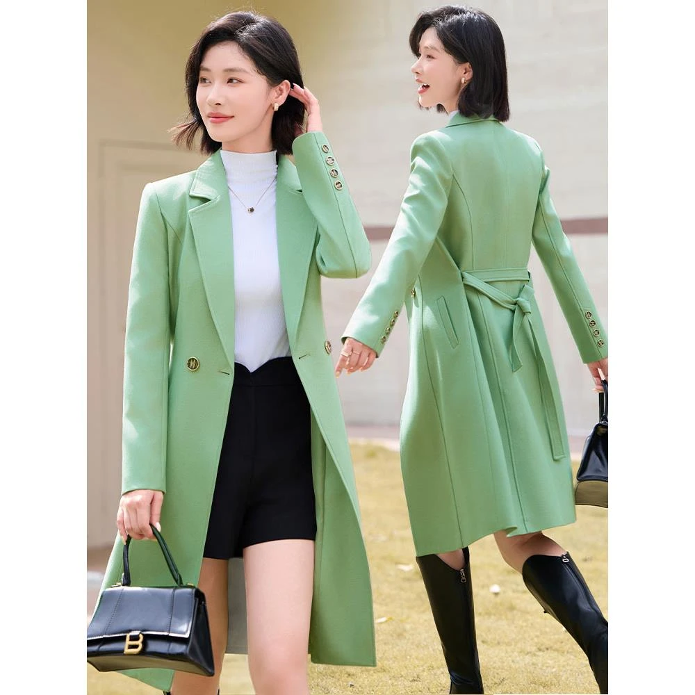 绿色风衣女2026新款秋冬高级感小个子今年流行休闲中长款大衣外套