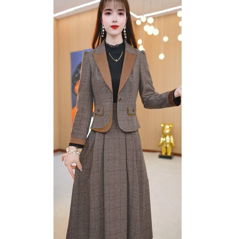 【两件套】西装领气质收腰中长款格纹通勤时尚两件套套装裙M-4XL