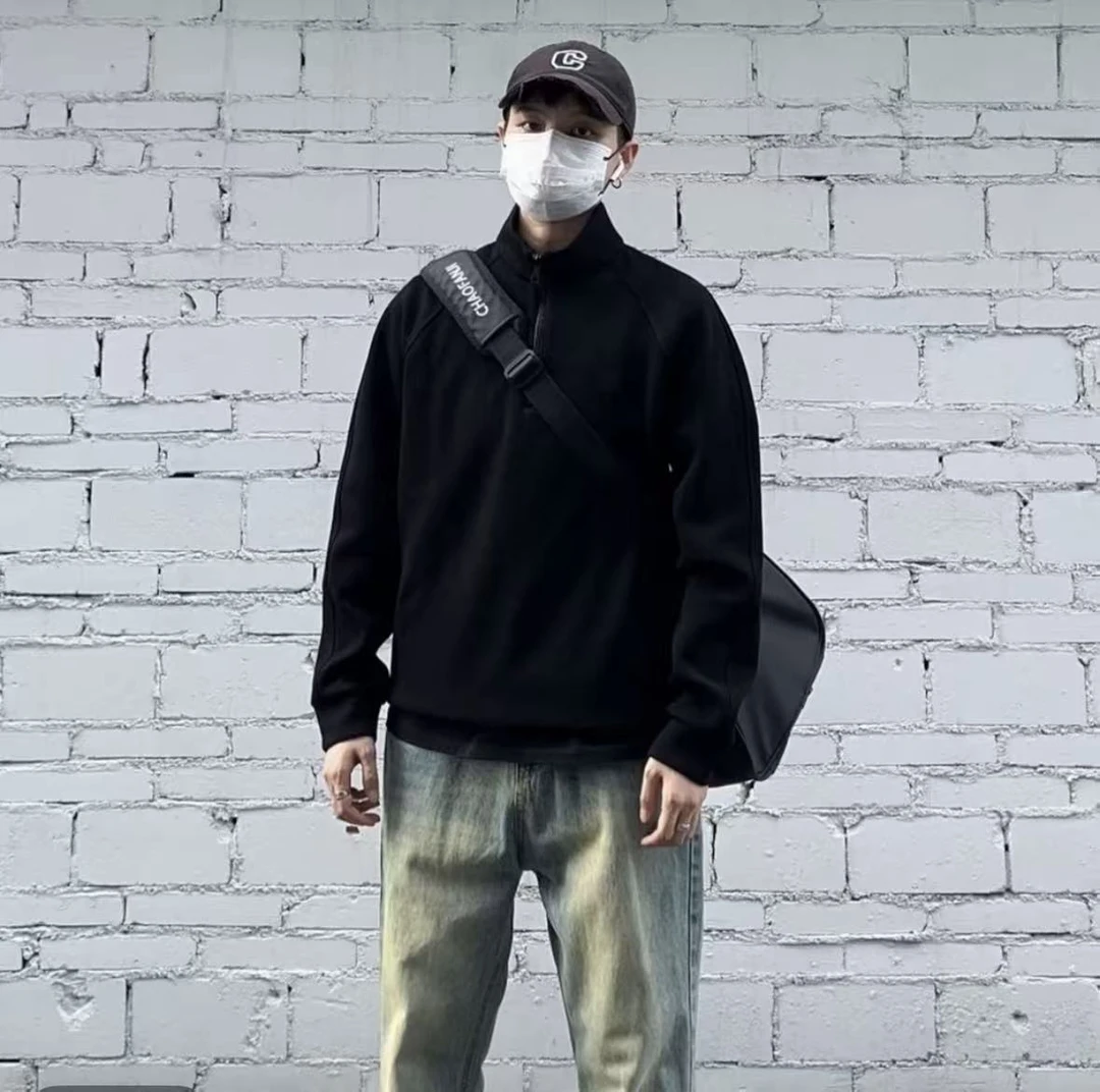 长袖拉链秋冬男款高领骑行圆领男士T恤常规立领