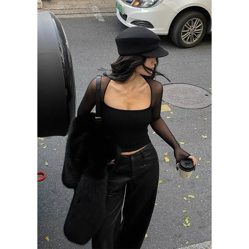 方领网纱拼接长袖上衣