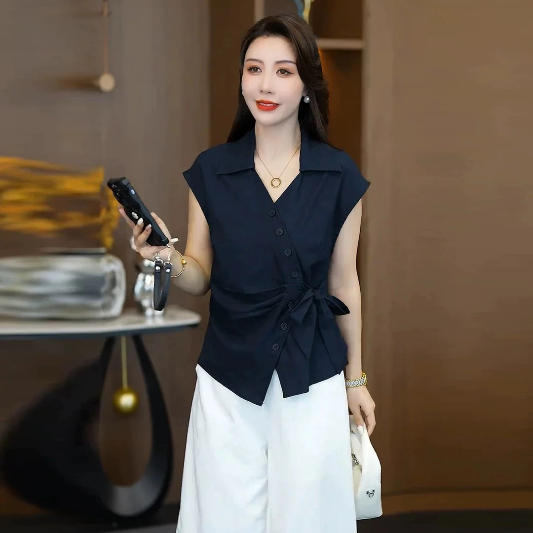 气质藏蓝色短袖衬衣女夏2025夏季新款时尚设计感不规则短袖衬衫女