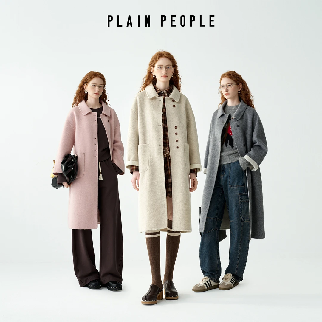 plainpeople复古时髦通勤翻领中长款毛呢大衣外套女冬新DC0202D49