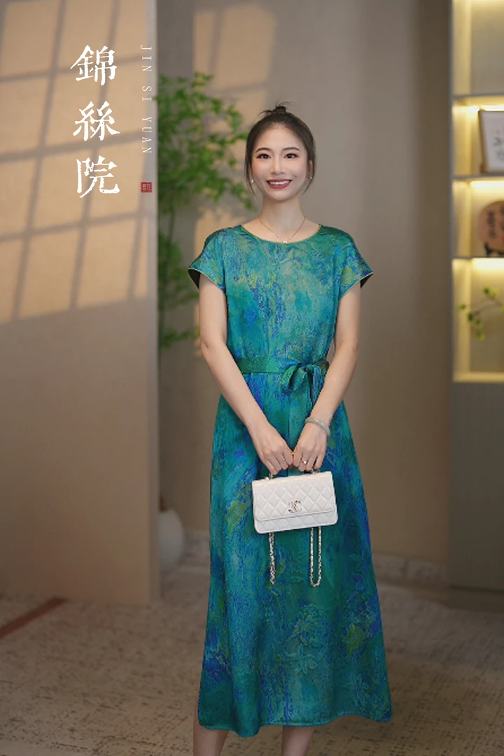 锦丝院微瑕【星空】新中式桑蚕丝香云纱花萝双面时尚连衣裙662231