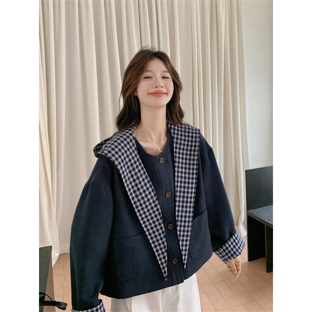 藏青色格子连帽披肩毛呢外套女春秋2025新款小个子高级感大衣爆款