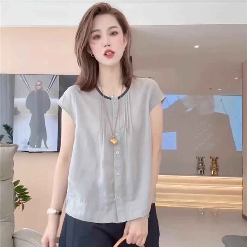 法式撞色圆领短袖棉麻衬衫女2025夏季新款时尚漂亮亚麻上衣小衫