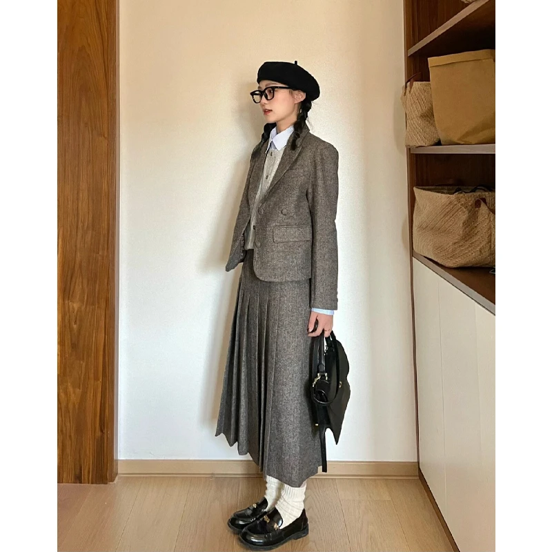 韩系复古英伦学院风毛呢套装女秋冬呢子棕色西装外套半身裙两件套