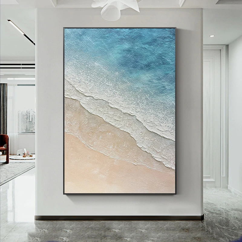 手绘油画海浪沙滩抽象装饰画立体肌理画竖版落地玄关客厅墙挂画