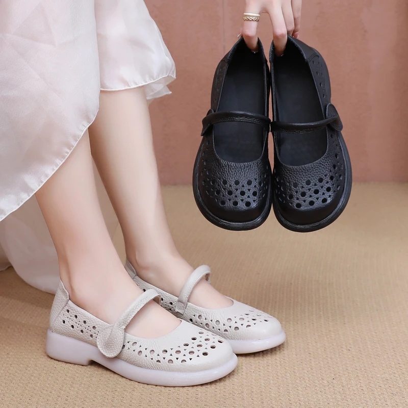 头层牛皮洞洞鞋平底防滑中年女鞋夏季透气镂空妈妈鞋舒适中年凉鞋